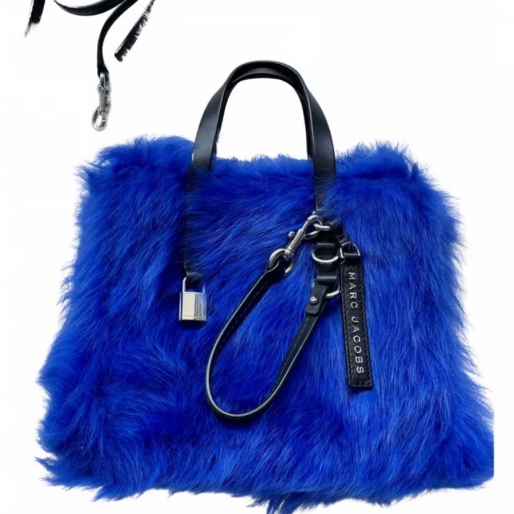 Marc Jacobs real fur used once cobalt blue purse with long strap